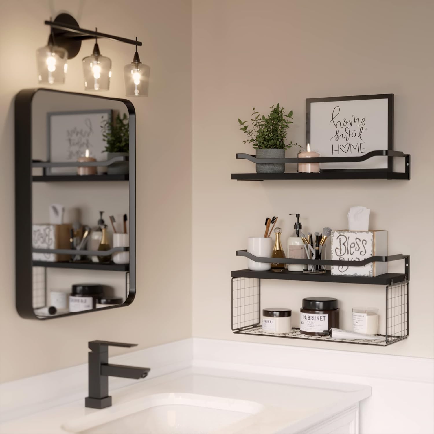 Floating Shelves with Wire Storage Basket, Bathroom Shelves, Wall Shelves Floating Shelves with Wire Storage Basket, Bathroom Shelves, Wall Shelves